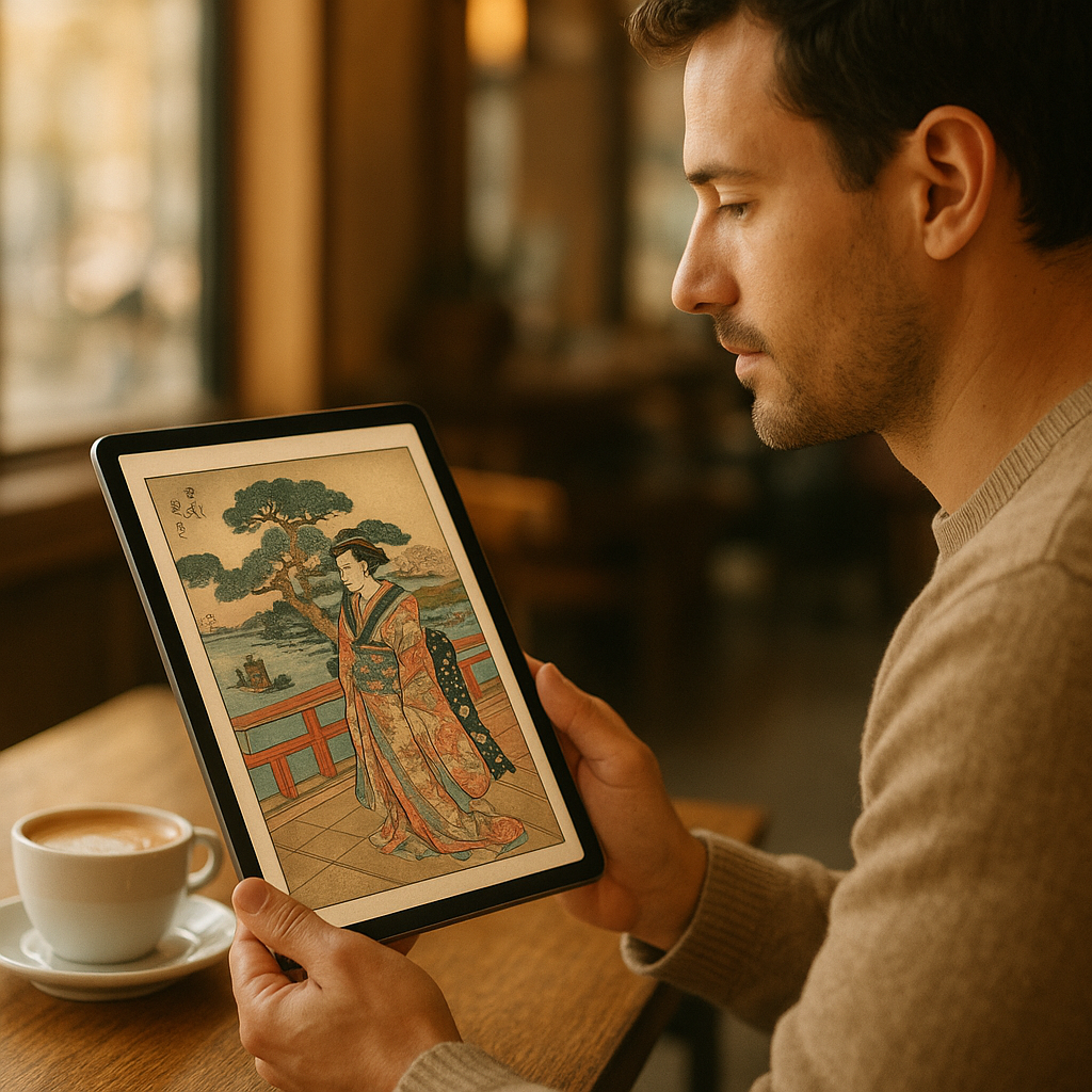 海外のアートファンがタブレットで日本の作品を閲覧する様子
