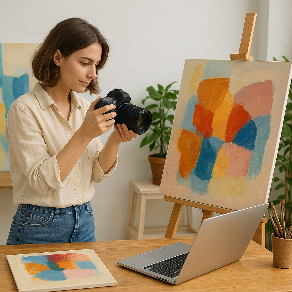 自作の絵画を撮影し、オンラインのプロフィールに登録する作家